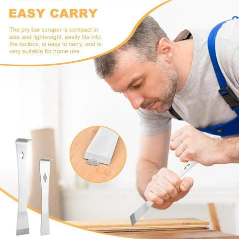 Man using Two Piece Stainless Steel Pry Bar Scraper Set With Gloves Includes Six Point Six Nine Inch And Ten Inch Flat Pry Bars for carpentry.