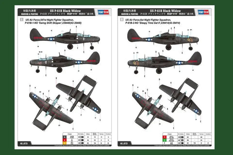 US P61B Black Widow Night Fighter Model Kit With Radar Nose B Variant instruction sheet with top and side views