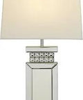 Glam Silver And Cream Mirrored Table Lamp With Linen And Glass Details, Durable MDF Base, Luxury Home Decor