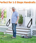 Man standing beside Tough As Nails U Shaped Wall Mounted Grab Bar For Stairs With Nonslip Grip Easy Install Door Jmb Corner Safety Handrail.