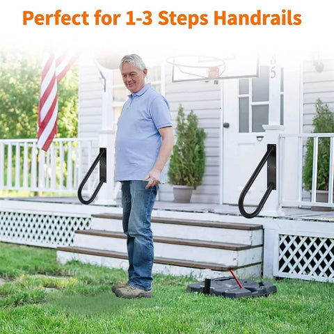 Man standing beside Tough As Nails U Shaped Wall Mounted Grab Bar For Stairs With Nonslip Grip Easy Install Door Jmb Corner Safety Handrail.