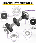 Detailed parts of 4 Pack Universal Toilet Tank Bolts Kit with heavy duty stainless steel bolts, rubber washers, and gaskets.