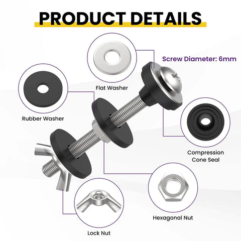 Universal Toilet Tank To Bowl Gasket Kit With Stainless Steel Bolts And Two Gasket Types, Fits 2 Inch And 3 Inch Seals, No-Fuss Leakproof Mounting Repair, Easy Flush Valve Access, Compatible With Most Toilets; 6mm bolt details