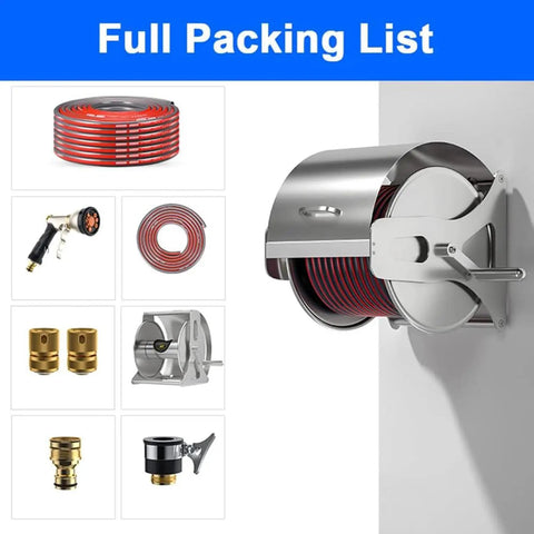 Heavy Duty Retractable Garden Hose Reel With Attached Fifty Meter Hose Wall Or Floor Mount metal hose winder and accessories packing list