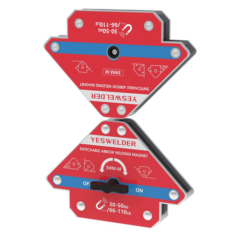 Front view of YESWELDER two-pack switchable arrow welding magnets, red with blue bar and ON/OFF switch, 66–110 lb.