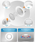 Diagrams of 24 Pack 4 Inch LED Recessed Can Lights With Baffle Trim Damp Rated 660 Lumens 11W 60W Equivalent 3000K Warm White Dimmable Features.