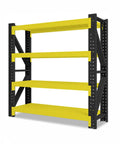 Heavy Duty Metal Shelving Workhorse For Garage Organization Featuring Four Adjustable Tier Levels To Store Tough Tools And Bulky Gear In Basements Or Shops Without Breaking A Sweat Daily, black frame with yellow shelves.