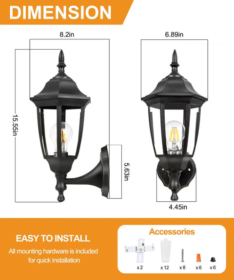 Dimensions and installation guide for Outdoor Wall Lantern Sconce Light Black Plastic Exterior Waterproof Fixture for Front Door Garage Patio Bulb Included