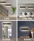 Super Stylish 24 Inch Matte Black LED Wall Sconce in four home settings; stairs, living room, bathroom, and bedroom.