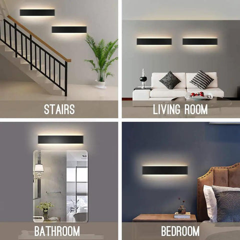 Super Stylish 24 Inch Matte Black LED Wall Sconce in four home settings; stairs, living room, bathroom, and bedroom.