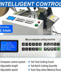 Heavy Duty Automatic Heat Shrink Tube Cutter With Micro Computer Control 110V Industrial Electric Cable Pipe Slicer interface showing settings and display.