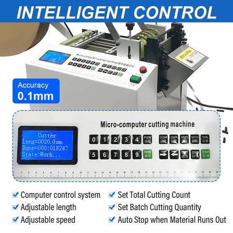 Heavy Duty Automatic Heat Shrink Tube Cutter With Micro Computer Control 110V Industrial Electric Cable Pipe Slicer interface showing settings and display.