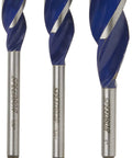 IRWIN wood drill bits, 3-piece blue-coated twist bits with silver shanks, front view