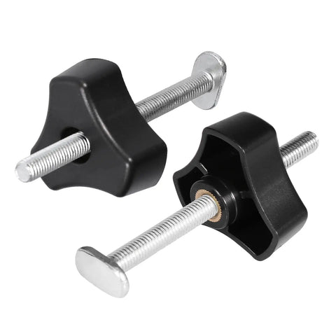 Heavy Duty T Track Hold Down Clamps Secure Wooden Boards Dead Tight With Double Cut Profile And Rubber Pads No Sweat Quick Mount, black clamps with threaded stems.
