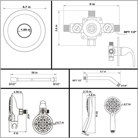 Technical diagram of Black Dual Function Shower Faucet Set With Valve High Pressure 35 Setting Dual 2 In 1 Shower System measurements