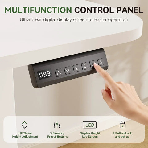 Control panel of Electric Standing Desk With Drawers 48 By 24 Inches Height Adjustable Sit Stand Desk With Monitor And Laptop Stands Memory Presets Quiet Motor For Home Office White Built For Remote Work And Gaming.