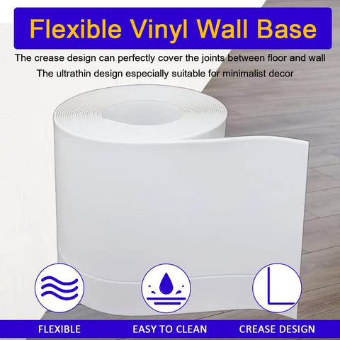 Dope White Vinyl Baseboard Molding With Crease Design, Flexible 5 Inch Wide Base Trim, 39.36 Feet Roll, Durable PVC Wall Base