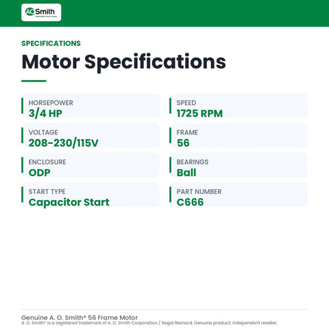 Three Quarter Horsepower 1725 Rpm 208 To 230 115 Volt 56 Frame Odp Ball Bearing Capacitor Start Motor specifications chart.