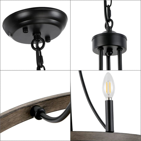 Detail views of Wagon Wheel Chandelier For Dining Room, 6 Light Farmhouse Pendant With Wood Grain Finish, rustic black metal.