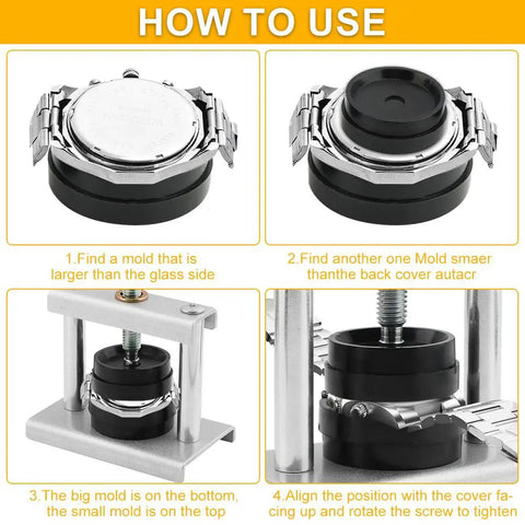 How to use the Watch Press Tool Set With 18 Molds Case Closer Crystal Press And Battery Replacement Repair Kit step-by-step guide.