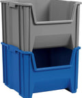 Heavy Duty Stackable Storage Bins For Garage And Home Organization Open Front Plastic Tool Organizer That Fits Shelves And Closets Durable 2-Pack In Gray 17.5 By 16.5 By 12.5 Inches, showing stacked gray and blue bins