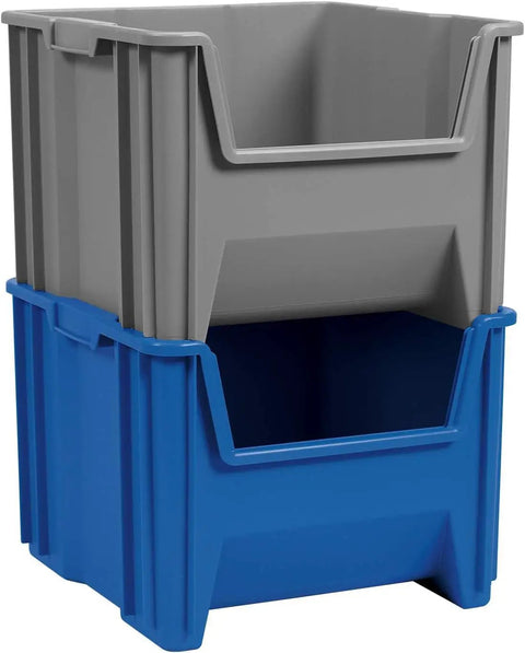 Heavy Duty Stackable Storage Bins For Garage And Home Organization Open Front Plastic Tool Organizer That Fits Shelves And Closets Durable 2-Pack In Gray 17.5 By 16.5 By 12.5 Inches, showing stacked gray and blue bins