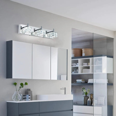 Modern LED Crystal Bathroom Vanity Lights 3 Light Chrome Stainless Steel Over Mirror Fixture in sleek bathroom setting