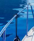 Boat Fender Clips Quick Release Adjustable Bumper Clips for Boats attached to rail, holding a fender above water surface
