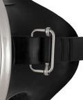 Close-up of Retro Style Freediving Mask With Oval Tempered Glass Lens, showing silicone skirt and metal buckle attachment