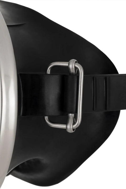 Close-up of Retro Style Freediving Mask With Oval Tempered Glass Lens, showing silicone skirt and metal buckle attachment