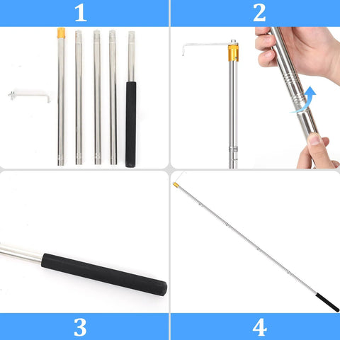 Cargo Grabber Reach Retriever Tool 30 to 75 Inch Adjustable Extensions with stainless steel rods and foam grip, shown in parts and assembled.