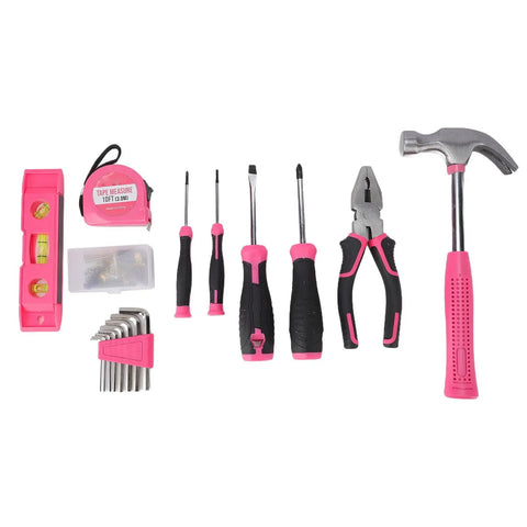 Pink Tool Kit For Women 18 Piece Complete Hand Tool Set With Hammer Wrench Measuring Tape And Screwdrivers For Home Repair DIY Projects.