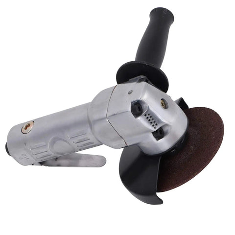 Rock Solid 4 Inch Pneumatic Air Angle Grinder With 11000 RPM Power And Heavy Duty Aluminum Housing Featuring A Secure Locking Switch for sanding.