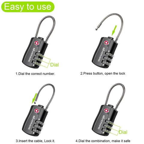 TSA Approved Luggage Lock With 3-Digit Keyless Dial Re-Settable Go-To Padlock guide with steps and images for setup.