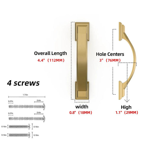 Diagram showing measurements of 2 Pack 3 Inch Champagne Bronze Cabinet Pulls For Kitchen Cabinets - Zinc Alloy Drawer Handles, with screws.