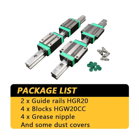 High Precision Linear Guide Rail Kit 950mm With 2 HGR20 Rails And 4 HGW20CC Flange Slider Blocks package contents