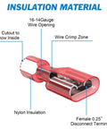 Close-up of red nylon-insulated female spade disconnect terminal for 0.25 in. wires (16-14 AWG); 90-piece Amazon kit