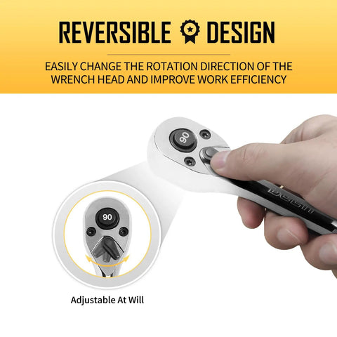 Three Eighth Inch Drive Ratchet With 90-Tooth Quick Release, Four Degree Swing, Reversible Handle, Chrome Alloy Finish, Pro Grade Chrome Vanadium Build, Durable And Easy To Clean For Auto, Home, And DIY Repairs, reversible head close-up