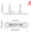 Premium Grade 2 Pack Washer Door Strike Kit White Plastic Replacement For Front Load Machines Smooth Click Every Time Sweet Deal Replaces Part 131763310 Quick Install Swap white plastic strikers shown with dimensions.
