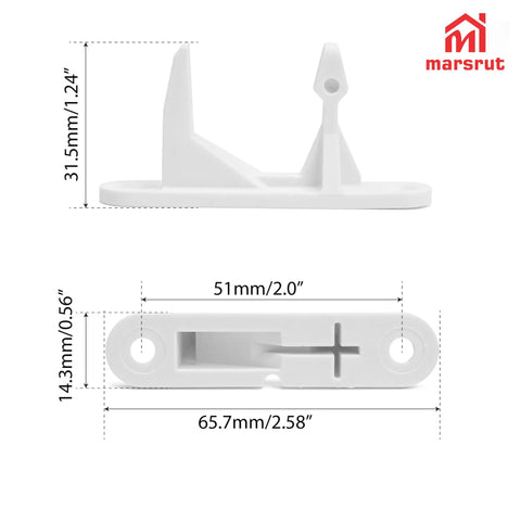 Premium Grade 2 Pack Washer Door Strike Kit White Plastic Replacement For Front Load Machines Smooth Click Every Time Sweet Deal Replaces Part 131763310 Quick Install Swap white plastic strikers shown with dimensions.