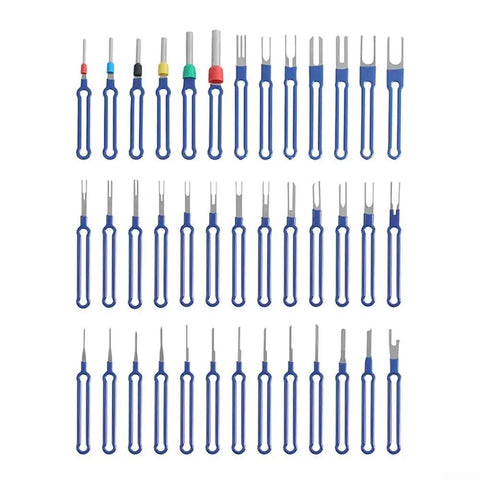 36 Piece Terminal Removal Tool Kit For Automotive And Household Electronics displayed in 36 stainless steel and plastic tools