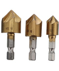 Set of three brass HSS countersink cutters with hex shanks for woodworking (sizes 12, 16, 19)