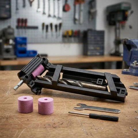 Portable Drill Bit Sharpener With Adjustable Angle Jig for quick revival of dull bits on a workbench with grinding pads.