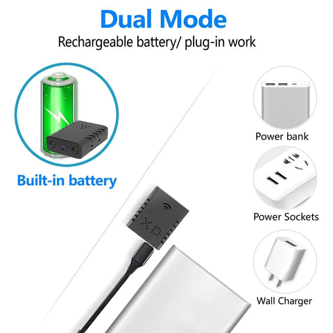 Coin Sized Hidden Spy Camera With 1080P HD WiFi, Night Vision showing dual mode charging options and accessories for home office travel