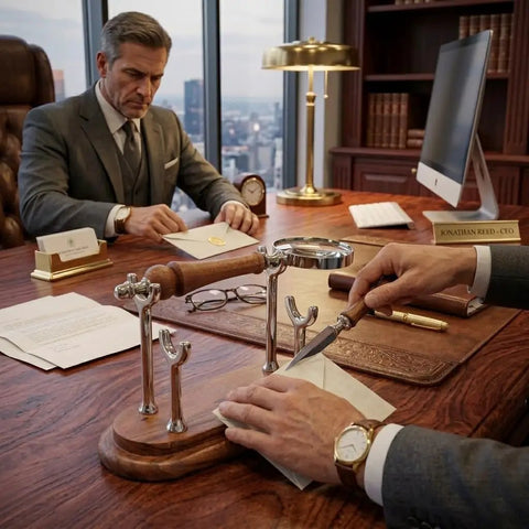 Sleek Silver Brown Wood Desk Set With Magnifying Glass And Letter Opener For Home Office Decor And Boss Level Gift Modern Executive Office Accessories on executive desk