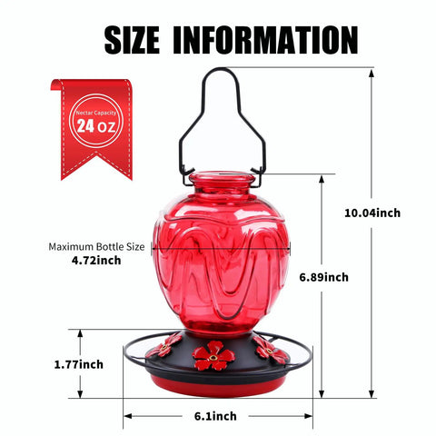 Red Glass Hummingbird Feeder For Outdoors Hanging 24 Ounce Nectar Feeder With Perch Five Flower Ports Leak Proof Base And Hook
