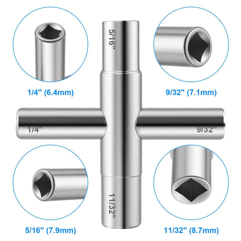 Four Way Sillcock Water Key 1/4 In 9/32 In 5/16 In 11/32 In Go-To Must-Have Handy Palm Sized Shutoff Tool For Hose Bibs Anti Corrosion Zinc Plated Steel The Essential Home Or Crisis Kit Hydrant Valve Key, four-way key sizes