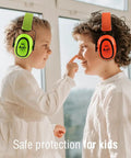 Kids wearing green and orange Kids Noise Canceling Ear Muffs 27.4dB 2 Pack Adjustable Hearing Protection For Toddlers And Teens Age 3 To 16