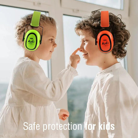 Kids wearing green and orange Kids Noise Canceling Ear Muffs 27.4dB 2 Pack Adjustable Hearing Protection For Toddlers And Teens Age 3 To 16