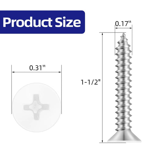 Big Time Grip Flat Head Wood Screws Size Eight By One Half Inch With Crisp White Painted Cap 304 Stainless Steel Mix dimensions.